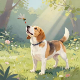 pointillism painting of a white and caramel beagle dog playing with dragonfly in a backyard, dull pastel colors, bright, god rays, dreamy, trending on artstation