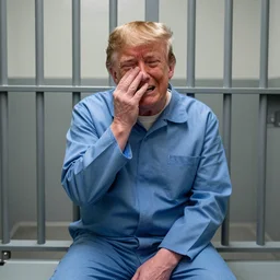 donald trump crying in a prison cell wearing prison jumpsuit, photography, 4k