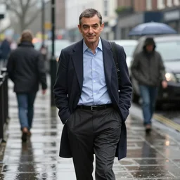 mr. bean walks down a street on a rainy day