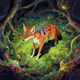 rotating jackalwere,in the style of Julie Bell and Melvyn Grant,trending on artstation, slimy lighting camera view from above,optical illusion ,german romanticism ,Fantastic Planet ,60s kitsch and psychedelia ,anime ,