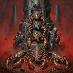 fine art oil painting varied muck jeweled, filthy, doubled, autopsy, rugated armored crustaceans, stacked & tiered, clawing & terrified as massive brutalist structures, claustrophobic cilia sporing pox, final battle failure, red mustard gas fog, by h r giger, bisley, b wolverton, jack gaughan high resolution, hyper