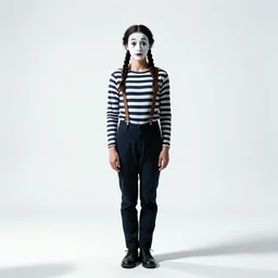 braided-hair mime in striped shirt, cinematic studio photo, full body, standing, isolated on a pure white background, centered, whole figure in frame, sharp focus, studio lighting