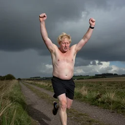 shirtless boris jhonson running marathon hairy hands in air