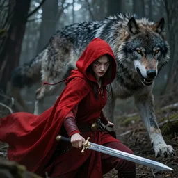 fierce red riding hood with a scar on her face and sword battling a giant wolf in a dark forest, fantasy, cinematic, dark, 4k, artstation, highly rendered, beautiful, high resolution,