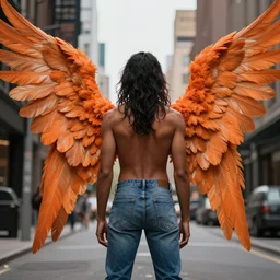 male angel with large wings. View from the back. Orange feathers, jeans, brown skin, long black hair. detailed urban fantasy digital art, trending on artstation