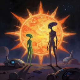 A colorful painting of humanoid Aliens of the Sun on a space planet environment with futuristic vehicles, inspired by Keith Mallett, digital art, extremely moody lighting, glowing light and shadow, atmospheric, shadowy, cinematic