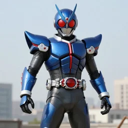 High Fantasy Kamen Rider, blue armor with red secondary color, 4k, glowing eyes, daytime, dark grey rubber undersuit, dragon inspired armor