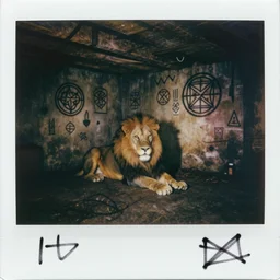 polaroid of creepy basement, a lion is there. goetic sigils on walls. creepy atmosphere, liminal space. mad scribbles over the picture.