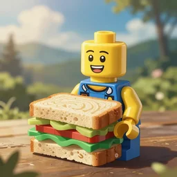 slice of life anime, a lego figure having a sandwich, happy