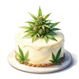 cannabis pot plant cake cafe factory with breakfast and brunch, hyperrealistic watercolour pop art cannabis land mini laboratory. by rembrant, battle angel alita, ralph mcquarrie, aluminum, 1 6 6 7