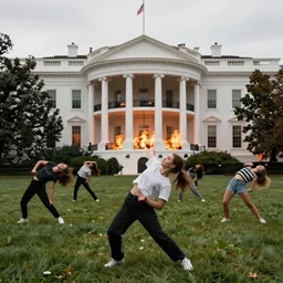 b - boys and b - girls break dancing on the white house front lawn as the building is in flames, 8 k resolution hyperdetailed photo realistic