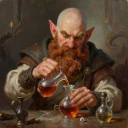 a beautiful portrait painting of a bald dnd gnome in his 3 0's with brown beard mixing a potion, artstation fantasy gnome, deviantart fantasy gnome, world of warcraft, pathfinder gnome, art by keith parkinson and greg rutkowski and tim hildebrandt