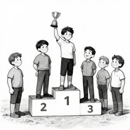 winners podium only one person on it, losers standing in dirt to the side, cartoon, b & w, pen