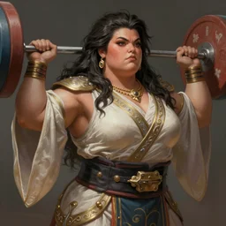 painted portrait of rugged thick very beautiful female weightlifter [ samus aran ], big wide face, long hair, upper body, robe fantasy intricate elegant highly detailed digital painting, artstation, concept art, smooth, atmospheric lighting sharp focus illustration art by craig mullins greg rutkowski and artgerm