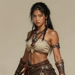 realistic beautiful gorgeous natural cute fantasy badass epic warrior tribal girl tan skinned art drawn full HD 4K highest quality in artstyle by professional artists WLOP, Taejune Kim, yan gisuka, JeonSeok Lee, artgerm, Ross draws, Zeronis, Chengwei Pan on Artstation
