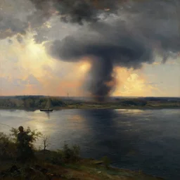tornado on the river, top view, sunset, by ivan aivazovsky,