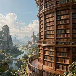 a beautiful surreal and photo-realistic library located at the right of a beautiful enchanted landscape. fantasy art.