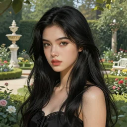 a beautiful girl with long black hair, royal garden background, sharp focus, intricate, digital painting, artstation, highly detailed, ambient lighting, portrait by Rossdraws, artgerm, Ilya Kuvshinov, and Greg Rutkowski