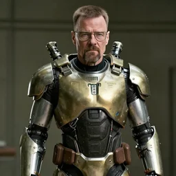 Film still of Walter White with cybernetic battle armor in new Breaking bad movie, highly detailed, 4k