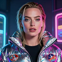 neon operator margot robbie, cyberpunk futuristic neon, reflective puffy coat, decorated with traditional japanese ornaments by ismail inceoglu dragan bibin hans thoma greg rutkowski alexandros pyromallis nekro rene maritte illustrated, perfect face, fine details, realistic shaded, fine - face, pretty face