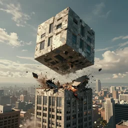an big default cube falling from the sky crush the high building cause big destruction, cinematic, movie still , Holywood quality, impactful ambient