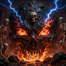 Eyes of firey death, lava, black rock, high detail, blue lightning, death, skeletons, Chinese ornate painting