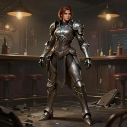 hyper detailed ultra sharp full body matte character portrait of a woman in hextech armor standing in a destroyed dive bar doing an action pose, realistically proportioned face, cinematic lighting, good value control, smooth, realistic shading, realistic face details, smooth, highly detailed, digital painting, painted texture maps, illustration, painted texture maps, substance painter