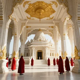 interior of a White Stone Temple with Gold intricate ornaments, people with Red cloak, Wide angle, Golden hour, High definition, 8k, artstation, deviantart, octane render, photorealistic