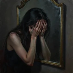 a highly detailed painting meant to represent depression, suicidal thoughts and the hell of despair, chiaroscuro, light and dark, mirror, sadness