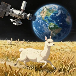 lamas running in wheat fields on a space station orbiting earth, extra detailed, digital illustration, by Makoto Shinkai and thomas kinkade, digital painting, Matte painting, trending on artstation and unreal engine