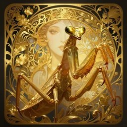 hyper advanced alien evolved from preying mantis, sci fi, glowing eyes, volumetric lights, gold theme, art nouveau botanicals, intricate, highly detailed, digital painting, artstation, concept art, smooth, sharp focus, cinematic, illustration, beautiful face, art by artgerm and greg rutkowski and alphonse mucha