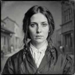 a full body daguerrotype portrait of a 1 9 4 0's woman's hair woman butcher, finely detailed features, closeup at the faces, perfect art, at an ancient city, gapmoe yandere grimdark, trending on pixiv fanbox, painted by greg rutkowski makoto shinkai takashi takeuchi studio ghibli, akihiko yoshida,