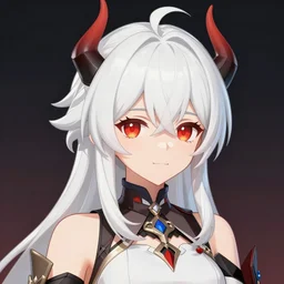 vtuber white hair, red eyes, two little horn on the head, anime style