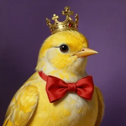 an elegant yellow bird with a red bow tie and a crown, painting by jacques-louis david, purple background neoclassical, high quality, detailed, 4k