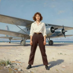 An ultra high-resolution 8K full-canvas scan of a contemporary oil painting of Amelia Earhart and her Lockheed 5B Vega on a deserted South Pacific Island in 1937, fine art, trending on Artstation, 8k, photorealistic, hyper detailed, unreal engine 5, IMAX quality, cinematic, epic lighting, digital painting in the style of greg rutkowski