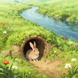 rabbit burrow beside a flower lined river extremely detailed, sharp focus, wide view, full body shot, smooth, digital illustration, by james jean, by rossdraws, frank franzzeta, sakimichan