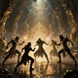 almost silhouette of 5 fantasy characters fight with magic in big cave, action scene, lumen reflections, sharpened, insanely detailed and intricate, hypermaximalist, elegant, ornate, hyper realistic, super detailed, digital art, bokeh blur
