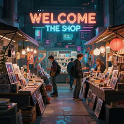 2 k, 4 k, masterpiece, beautiful highly detailed postmodern cyberpunk art bazaar, miscellaneous art shoppe stall, interior of cyberpunk bazaar, cinematic moody colors, welcome, to the shop, realistic shaded lighting poster by ilya kuvshinov, magali villeneuve, artgerm, jeremy lipkin and michael garmash, liminal space market