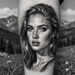 a beautiful girl portrait at amazing nature and mountains, realism tattoo, in the style of den yakovlev, black and white, hyper realistic, highly detailed