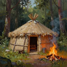 a beautiful painting of a round indigenous sweat lodge hut in a forest near a campfire, matte painting, trending on artstation, art by christophe vacher