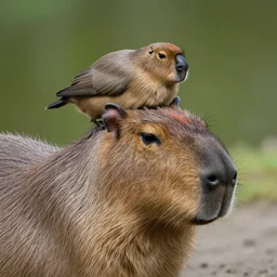 award winning photo of a single bird resting on the head of a capybara