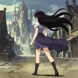 anime frames, anime visual, full body portrait of a young woman in the medieval city square looking at the fantasy palace in the distance, cute face by ilya kuvshinov, alphonse mucha, dynamic pose, dynamic perspective, rounded eyes, moody, psycho pass, kyoani, yoh yoshinari, thick long hair