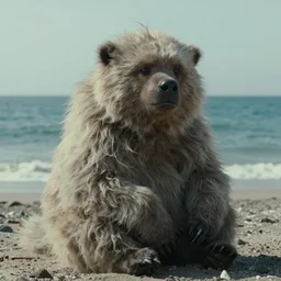 a strange huge fluffy furry creature sits on the sea coast, film still from the movie directed by denis villeneuve with art direction by zdzisław beksinski, close up, telephoto lens, shallow depth of field