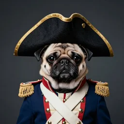 portrait of a pug dressed in napoleonic uniform with tricorn hat dark background, studio light, hdr, nikon 2 4 mm f / 1. 8 g, by sebastiao salgado