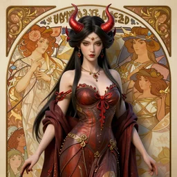 complex 3 d hyper realistic ultra sharp render of a gorgeous demoness woman | art by alphonse mucha + jim lee + 吵 集 仁 儿 on artstation + wlop