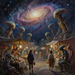 flea market in another galaxy, fantastic plot, alien creatures, beautiful fantasy detailed trending on artstation, oil painting, dramatic lighting, eterea, high quality print, fine art with subtle redshift rendering