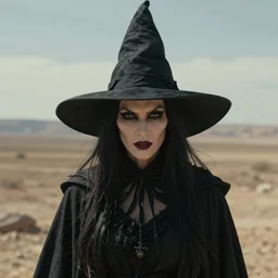 an ultra realistic cinematic headshot portrait of an evil witch, background of a vast barren landscape at noon, detailed, deep focus, movie still, dramatic lighting, ray tracing, by michal karcz and yoshitaka amano