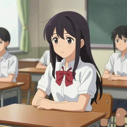 a beautiful girl with long dark hair, wearing a school girl uniform, sitting in class at a desk, Japanese style classroom, daytime, sharp focus, intricate, artstation, official media, anime key visual, highly detailed, rich vivid colors, ambient lighting, illustration, art by Artgerm, Makoto Shinkai, Ilya Kuvshinov, Lois Van Baarle, and Rossdraws