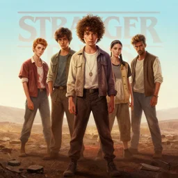 stranger things, naturel, art style by atey ghailan, greg rutkowski, greg tocchini, james gilleard, joe gb fenton, in kaethe butcher, dynamic lighting, gradient light blue, brown, blonde cream and white color in scheme, grunge aesthetic