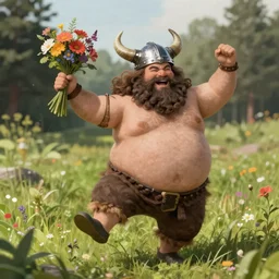 happy male very chubby dark blond viking with horned helmet and short hair dancing around in meadow holding a bunch of flowers in the style of rutkowski